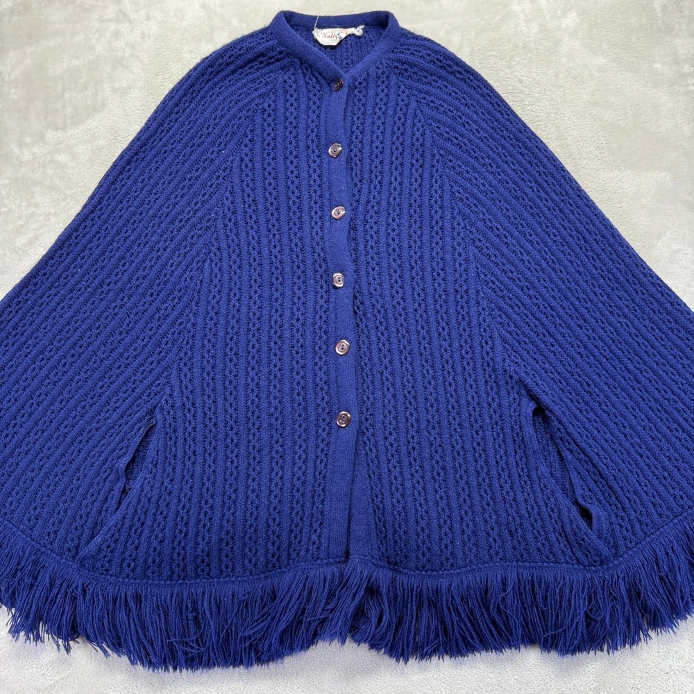 Vintage 70's Sally Gee Jacket Women's Boho Cape Poncho‎ Fringe Hem Blue Acrylic